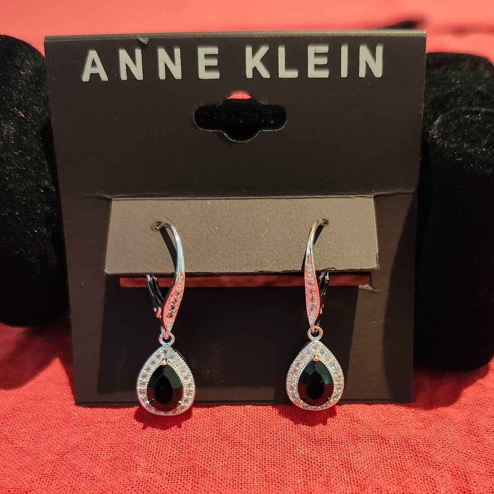 NWT - Anne Klein Silver Tone Pave & Stone Drop Earrings 1-1/5" - Picture 2 of 5